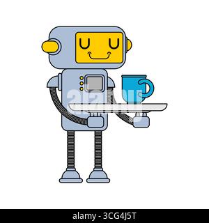 Cute friendly robot holding a cup of coffee and smiling. Futuristic assistant character, perfect for technology, AI, or automation concepts. Stock Vector