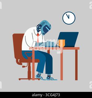AI robot sitting at office desk with laptop and paperwork, symbolizing artificial intelligence in office tasks, automation, business, and modern workp Stock Vector
