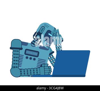 Robot working with a laptop, symbolizing artificial intelligence, data processing, and futuristic digital technology. Perfect for business, research, Stock Vector