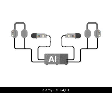 AI translator wearing headphones and speaking into a microphone. Symbol of language translation, speech recognition, and modern artificial intelligenc Stock Vector