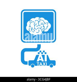AI-powered taxi logo with a brain icon. Concept of autonomous driving, smart transport, and modern mobility solutions. Stock Vector