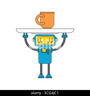 Friendly assistant robot holding a tray with a coffee cup, symbolizing service, help, and modern AI support in everyday life and hospitality. Stock Vector