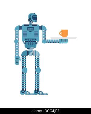 robot assistant holding a cup. Illustration symbolizing artificial intelligence help, service robotics, futuristic digital assistant, and modern smart Stock Vector