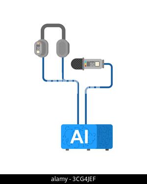 AI translator icon with headphones and microphone, symbolizing real-time language translation, speech recognition, voice technology, and smart communi Stock Vector