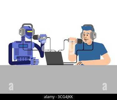 Podcast microphone with futuristic AI interface, symbolizing human and artificial intelligence conversation, modern media, and digital communication. Stock Vector