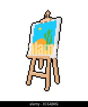 Pixel art easel with desert landscape painting, perfect for themes of creativity, art, nature, and minimal retro design. Stock Vector