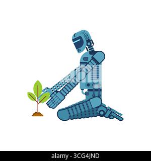 Robot watering and caring for a small plant, symbolizing technology, growth, sustainability, and eco-future. Stock Vector