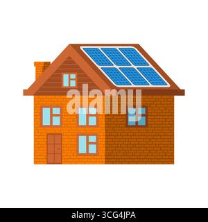 Brick house with solar panels symbolizing green energy, sustainability, and eco-friendly living. Stock Vector