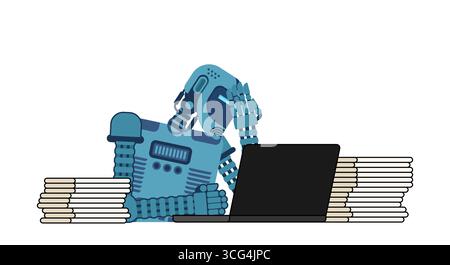 AI accountant robot working at a laptop with piles of documents, symbolizing automated accounting, financial technology, and smart business solutions Stock Vector