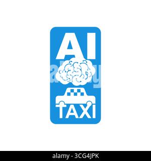 AI taxi logo with brain icon symbolizing intelligent autonomous transportation and smart mobility. Stock Vector