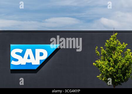 Walldorf, BW, Germany, 01.06.2025: Corporate SAP SE logo, global tech giant in digital transformation, software development, innovative digital engine Stock Photo
