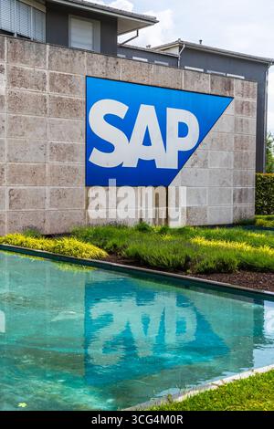 Walldorf, BW, Germany, 01.06.2025: Corporate SAP SE logo, global tech giant in digital transformation, software development, business management, inno Stock Photo