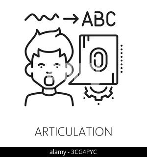 Kids articulation cognitive ability line icon or sign. Kids articulation development linear vector sign, cognitive ability therapy lineart icon. Brain function outline pictogram or symbol with Stock Vector