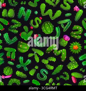 Cactus font, green succulent letters seamless pattern featuring cacti shaped abc symbols in green shades with thorns and flowers. Cartoon vector desert themed tile background with playful typography Stock Vector