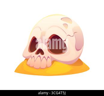 Cartoon human skull resting on a yellow sand mound, with exaggerated eye sockets and smooth shading. Isolated vector cranium, pirate treasure island icon evokes themes of danger, mystery and adventure Stock Vector