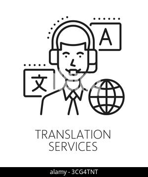 English language translation service line icon or emblem. Language vocabulary lineart vector icon, foreign speech translation sign. English dictionary pictogram with call center operator in headset Stock Vector
