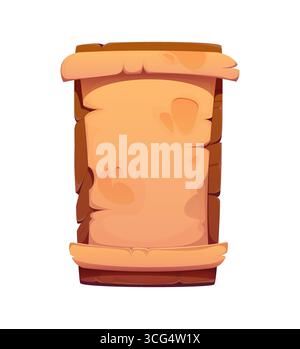 Cartoon pirate signboard, vertical scroll made of old parchment with curled edges and a weathered texture hanging on a wooden board. Vector frame for fantasy games, ancient messages or adventure maps Stock Vector