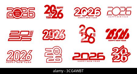 2026 Happy New Year icons, greeting cards or party invitation vector typography set with modern minimal red text and numbers. New Year and Christmas Eve winter holidays gift labels and tags Stock Vector