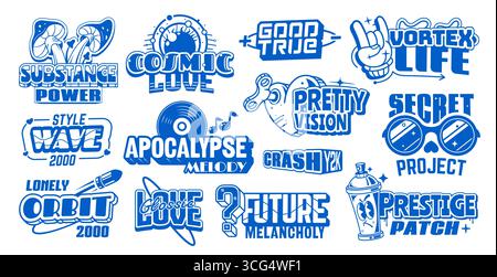 Blue y2k streetwear label icon elements. Vibrant vector set of retro futuristic trippy emblems, techno motifs, space themes, and emotional phrases for nostalgic fashion or digital pop culture signs Stock Vector