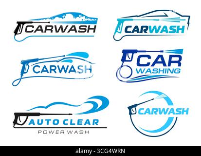 Car washing service icons of auto vector silhouettes with pressure washer gun, foam bubbles, water waves and drops, blue splashes and circle frames. Automobile, car or auto wash service symbols set Stock Vector