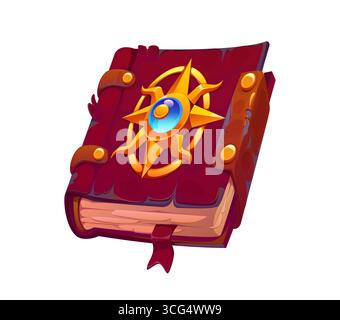 Fantasy pirate book with ornate golden compass emblem and gemstone on a dark red leather cover. Isolated vector icon asset for magical stories, treasure maps, or sea legends in corsair adventure games Stock Vector