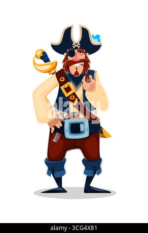 Cartoon pirate corsair character, danger skipper confidently puffs on a curling smoking pipe. Isolated vector filibuster nautical personage wearing a captain hat, armed with a saber and pistol gun Stock Vector