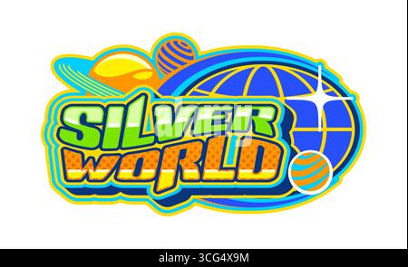 Silver world retro Y2K element or icon. Vintage cool vector Y2K element or symbol, sticker or emblem. Funky 90s patch or icon, 2000s label or sign with Earth globe, space planets and typography Stock Vector