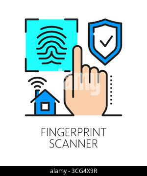 Home security fingerprint scanner color line icon or sign. Home alarm technology lineart vector symbol, security system icon. House safety company or service or sign with human hand and fingerprint Stock Vector