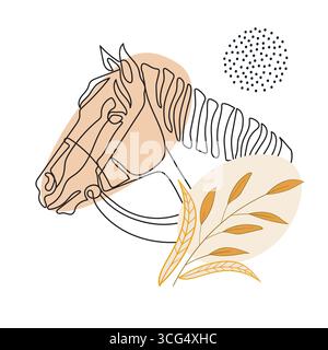 Modern abstract head of beautiful horse in one continuous line and botanical elements. Vector illustration in soft pastel colors. Trendy equestrian de Stock Vector