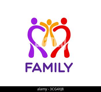 Family and charity icon or emblem. Charity foundation or union vector emblem, family and parenting symbol. People community graphic sign or icon with parents and child abstract colorful figures Stock Vector