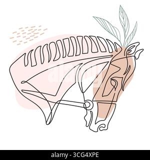 Modern abstract head of graceful horse in one continuous line and botanical elements. Vector illustration in soft pastel colors. Trendy equestrian des Stock Vector