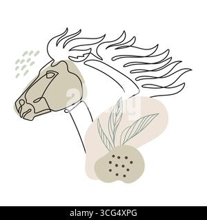 Modern abstract head of running pony in one continuous line and botanical elements. Vector illustration in soft pastel colors. Trendy equestrian desig Stock Vector