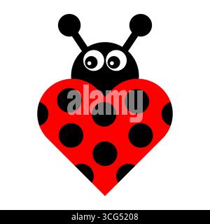 Cute Ladybug Heart Illustration. The adorable insect features a bright red heart shaped body decorated with bold black spots, large cartoon eyes. Stock Vector