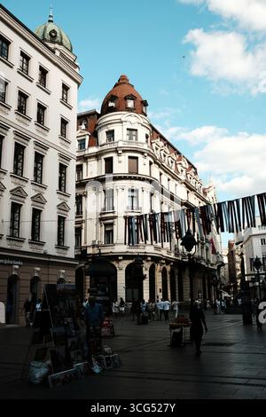 Historic architecture with domed rooftops and decorative facade in Belgrade city center. Belgrade, Serbia - 24 August 2025. Stock Photo