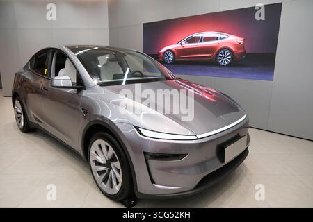 Shanghai,China-August 9th 2025: new Tesla Model Y electric car in store Stock Photo