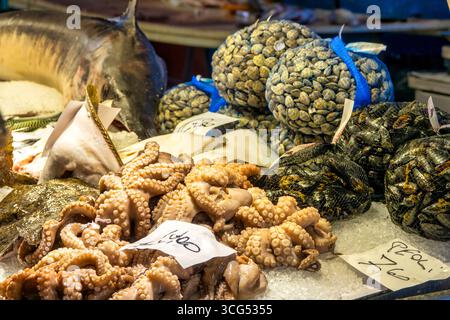 Close-up of a colorful seafood market stall with fresh octopus, clams, mussels, and fish displayed on ice. Traditional Mediterranean fish market scene Stock Photo