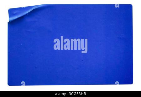 Dark blue rectangular paper sticker label isolated on white. Stock Photo