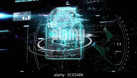 Displaying holographic padlock icon glowing above security interface with rings, nodes, data lines Stock Photo