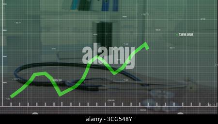 Displaying rising green line chart over grid overlay on medical desk with stethoscope, eyeglasses Stock Photo