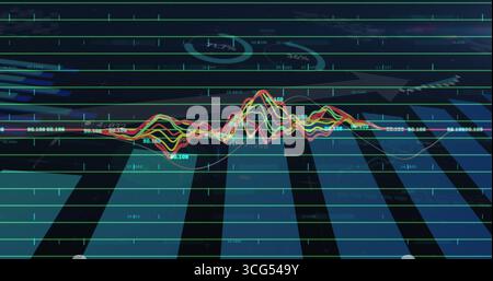 Displaying rainbow waveform fluctuating on analytics dashboard with teal grid and percent overlays Stock Photo