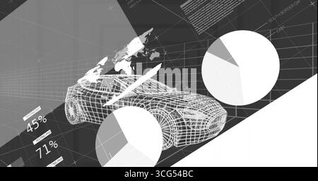 Wireframe car model floating in digital workspace, with pie charts, map fragments and 3D axes Stock Photo