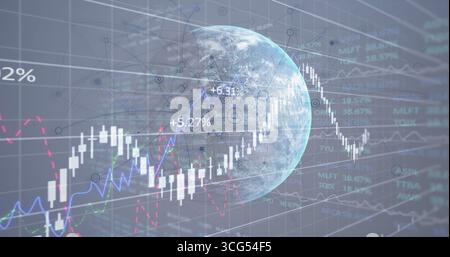 Displaying Earth globe with nodes, percentage labels in finance dashboard with candlesticks Stock Photo