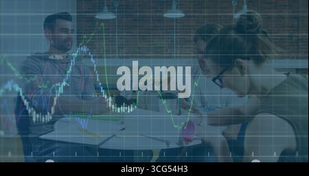 Analyzing financial data, three professionals collaborating in conference room, with laptops Stock Photo