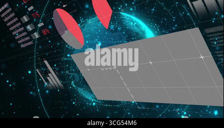 Floating grey grid plane hovering at right in void, digital globe, holographic charts, copy space Stock Photo