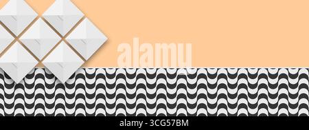 Top view of Copacabana beach in Rio de Janeiro with sun awnings and famous promenade with repeating black and white waving texture in Portuguese pavement style. Vector flat illustration. Stock Vector