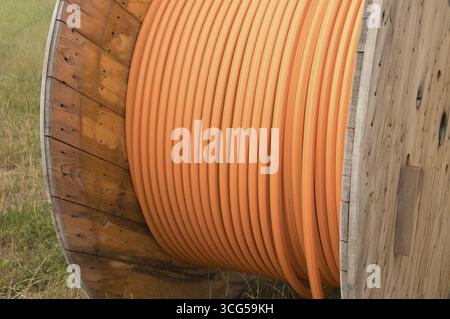 Orange cable wrapped around a large wooden spool, resting on grassy field, symbolizing communication and network infrastructure Stock Photo