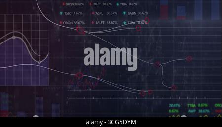 Displaying financial dashboard on dark grid with line charts, ticker labels and red-circled nodes Stock Photo