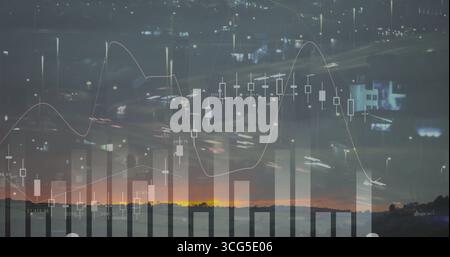 Displaying digital stock chart overlay at urban dusk with candlestick and histogram, light trails Stock Photo