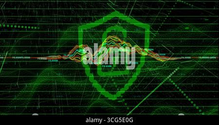 Projecting green shield icon showing padlock symbol and waveform in grid, with numbers and nodes Stock Photo