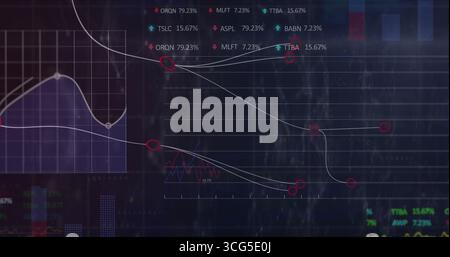 Dark dashboard displaying metrics on monitor, with curved connector lines and red data points Stock Photo